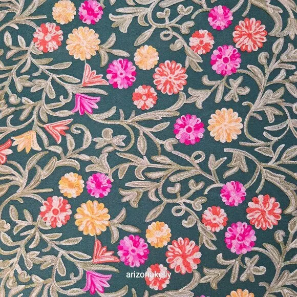 Green "Cashmere" Scarf with Chain Stitch Embroidery Flowers and Leaves - Picture 10 of 16